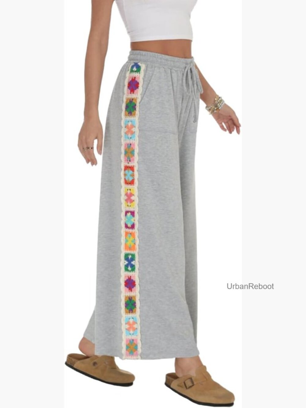 Wide Leg Stretch Drawstring Sweatpants Crochet Panel Pocket
